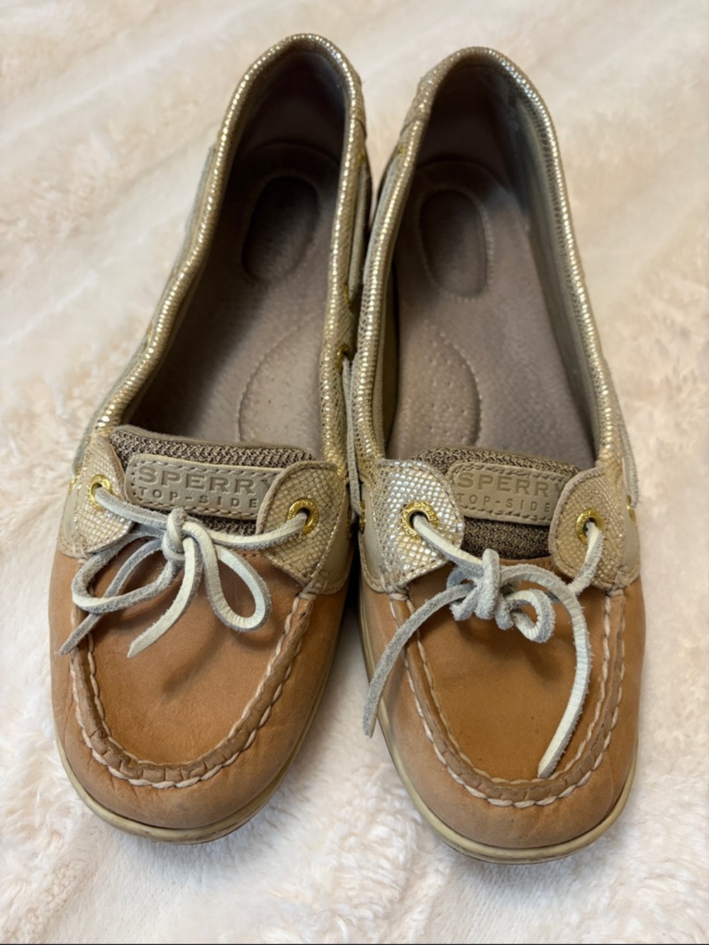 Sperry Two-Tone Tan and Gold Women’s Slip-On Boat Flats